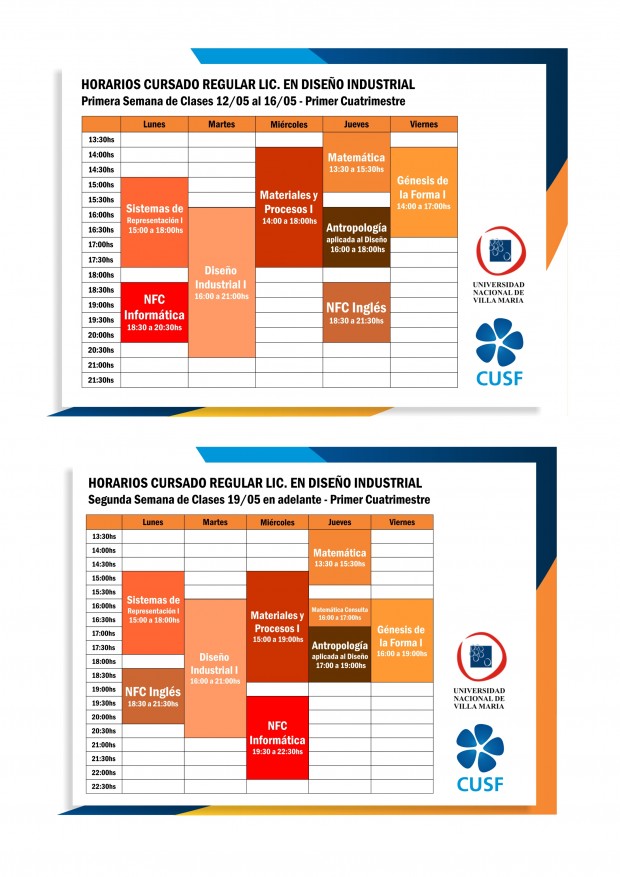 Horarios de la Carrera de Diseño Industrial