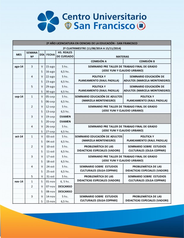 Horarios Segundo Cuatrimestre 2014 - Lic. en Ciencias de la Educación