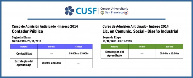 Horarios Segunda Etapa Curso de Admisión Anticipado