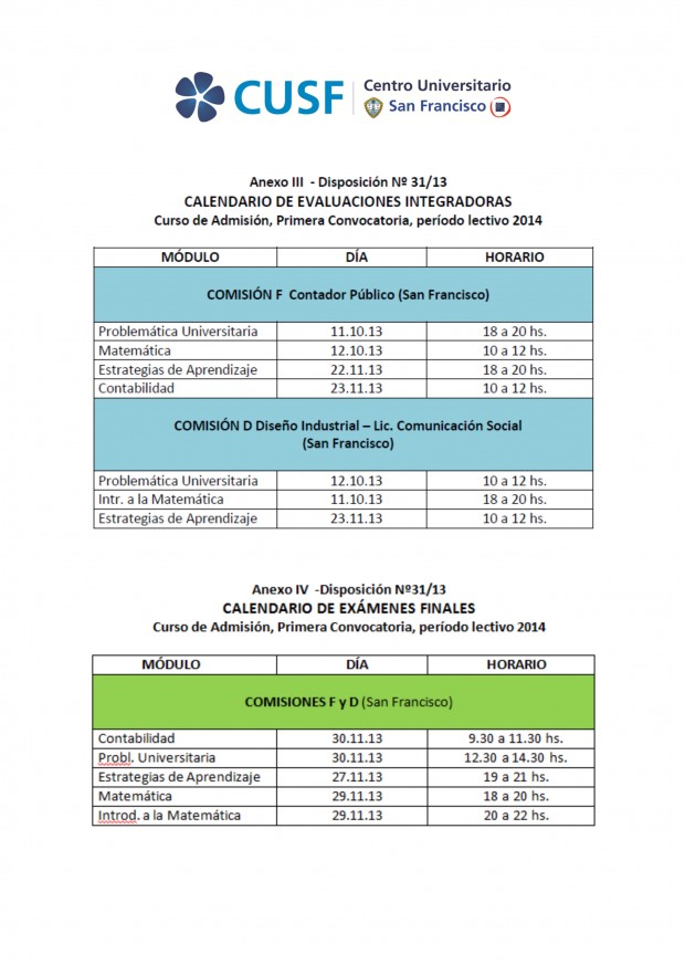 Fecha de Exámenes Integradores y Finales - Curso de Admisión Anticipado - Ingreso 2014 - CUSF UNVM