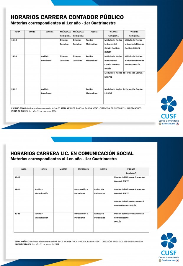 Horarios materias primer año de las carreras de Contador Público y Lic. en Comunicación Social