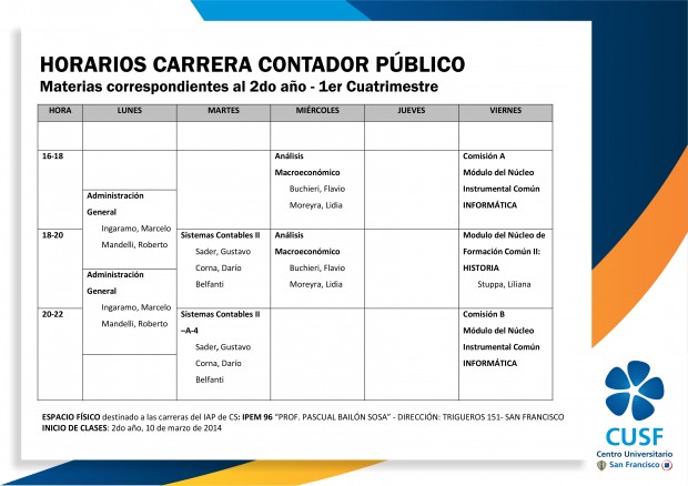 Modificación Horarios Contador Público 2do año - UNVM CUSF